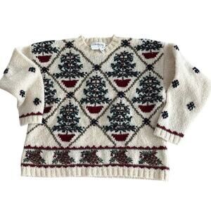 Talbots Wool Christmas Sweater Trees & Pinecones Petite PS
